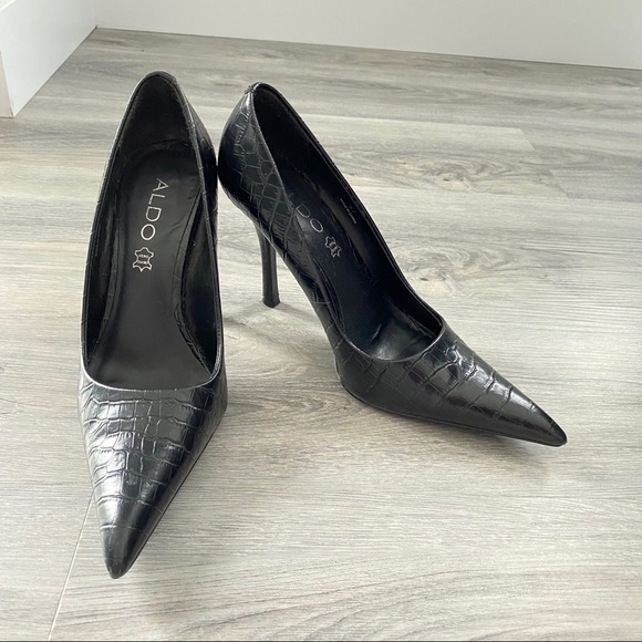 Aldo Pointed Toe Black Pumps Leather Shoes - Picture 2 of 11